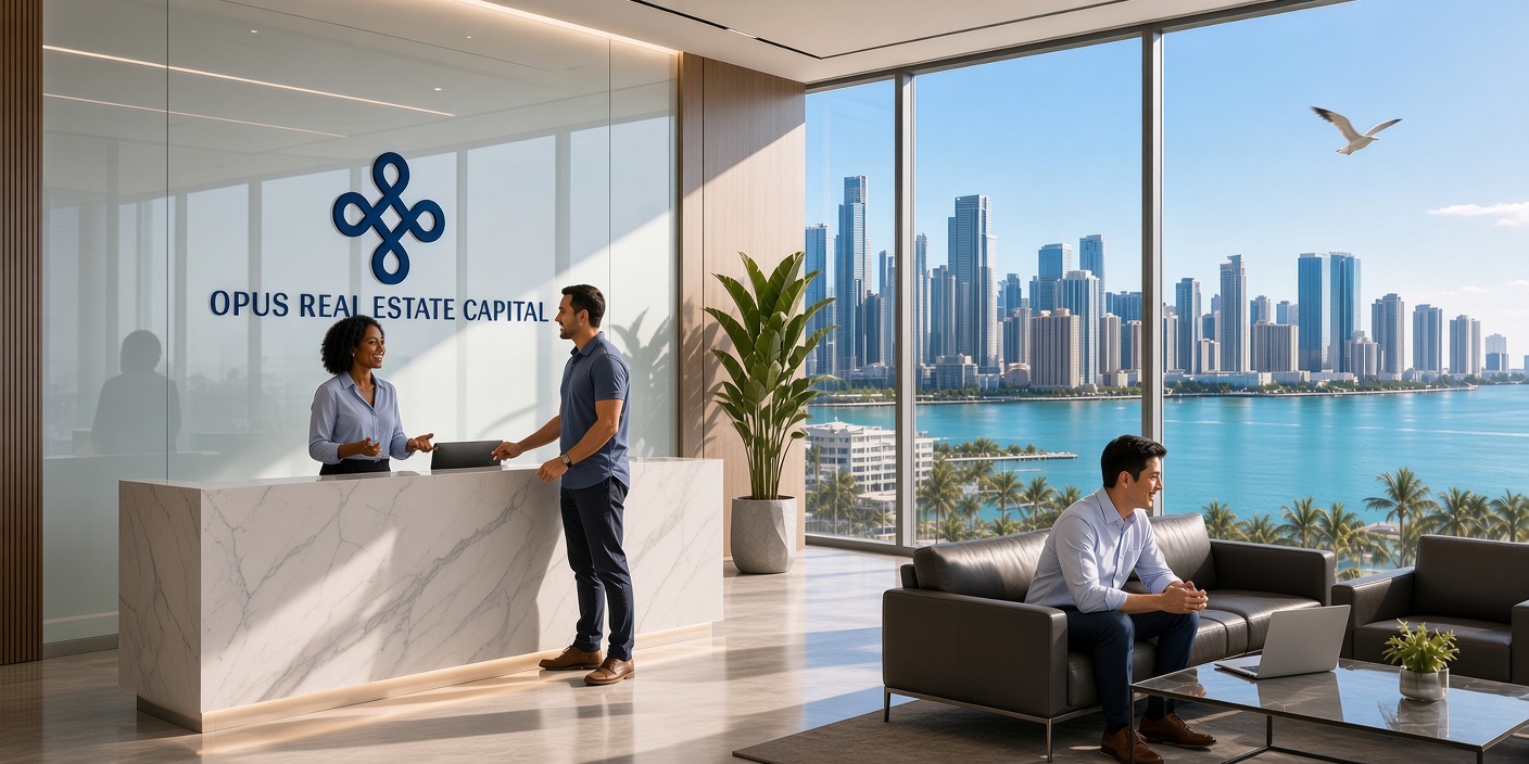 Illustrative rendering of an Opus-branded reception overlooking a waterfront skyline